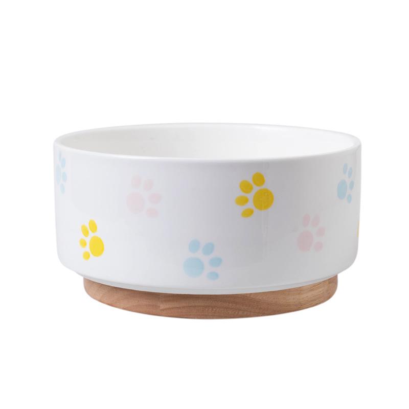 Non-Slip Ceramic Cat and Dog Bowl with Wooden Stand - Black, High-Footed Design for Cervical Spine Protection