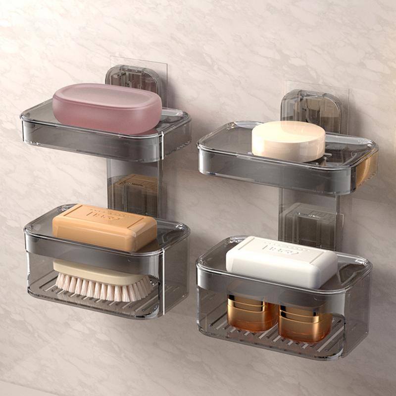 Shower Soap Dish Wall Mounted Toiletries Container Double Layer Drill Free Universal Strong Suction Soap Wall Holder For Bath
