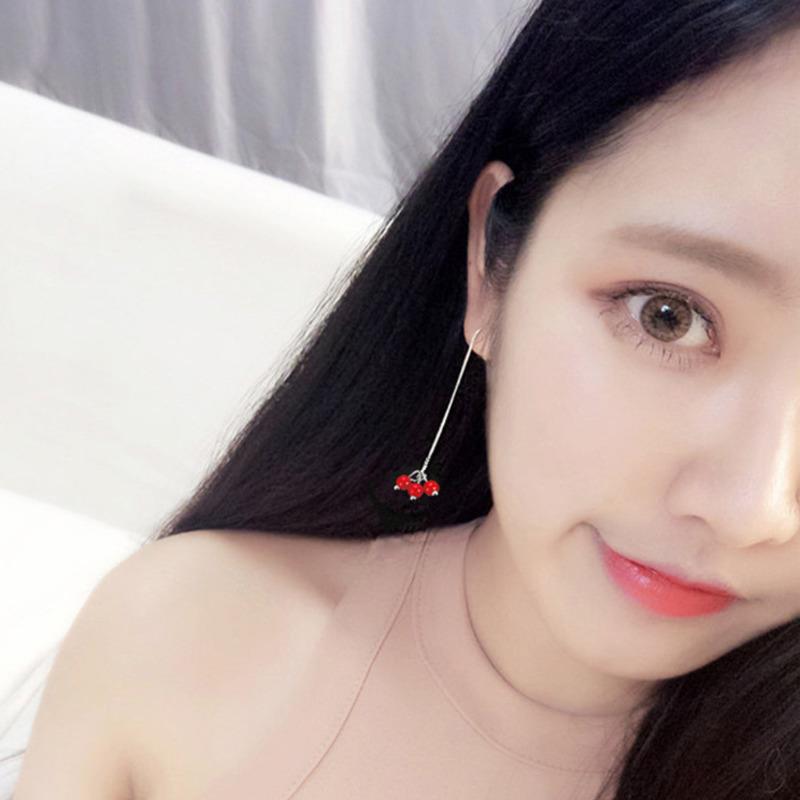 BELLA BOX Sterling Silver Needle Festive Japanese And Korean Earrings With Tassels, Long Cherry Blossom Red Bead Earrings, And Red Bean Ear Threads