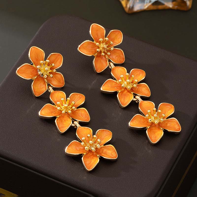 Korean Colorful Enamel Flower Drop Earrings for Women Retro Metal Long Floral Temperament Earrings Zircon Holiday Party Gift
