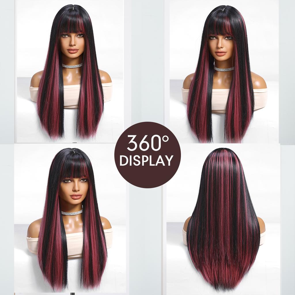 Zwarte Highlights Roze Synthetische Pruik met Pony Lange Rechte Zwarte Highlights Rode Pruik Voor Vrouwen Cosplay Feest Kerstpruik 26inch
