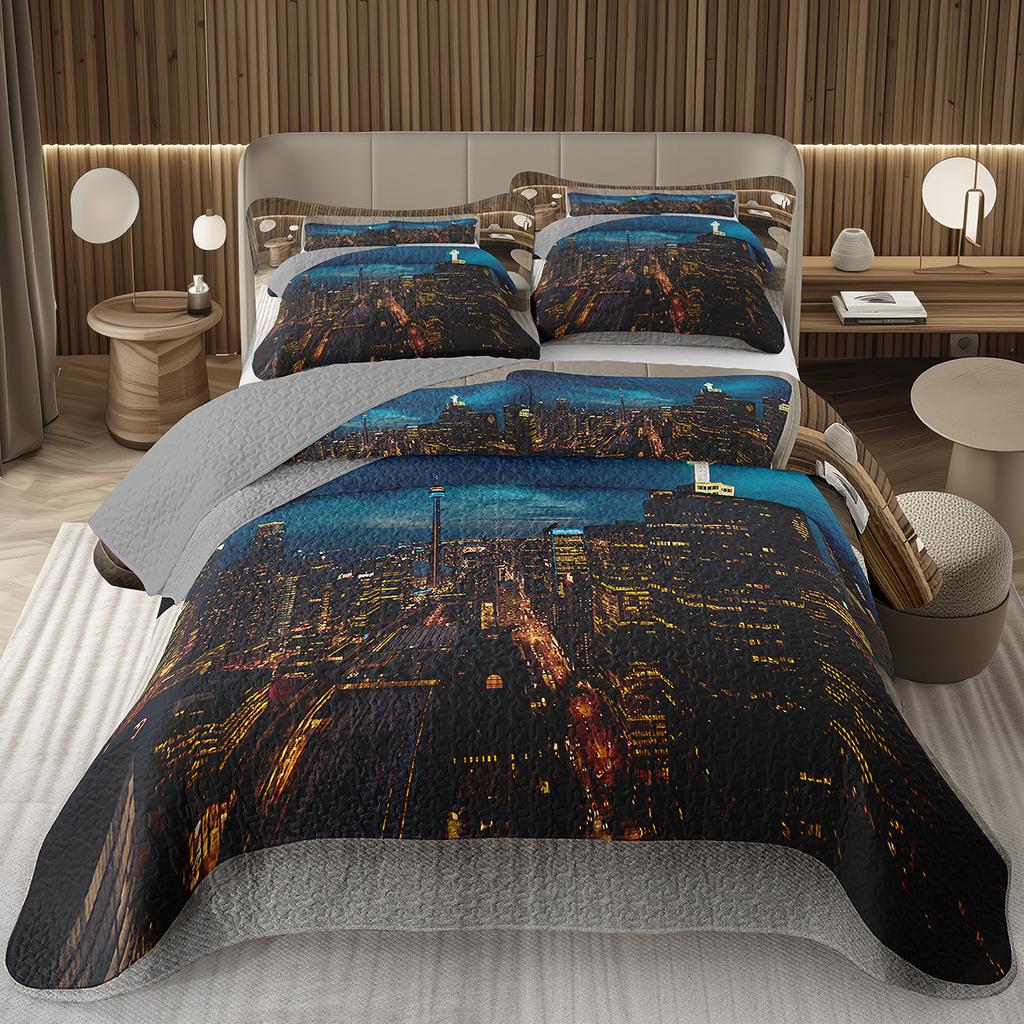 City Landscape Quilted Bedspread Set Cityscape Artwork Queen Bedding Set Colorful River Business District Coverlet For Girls Man