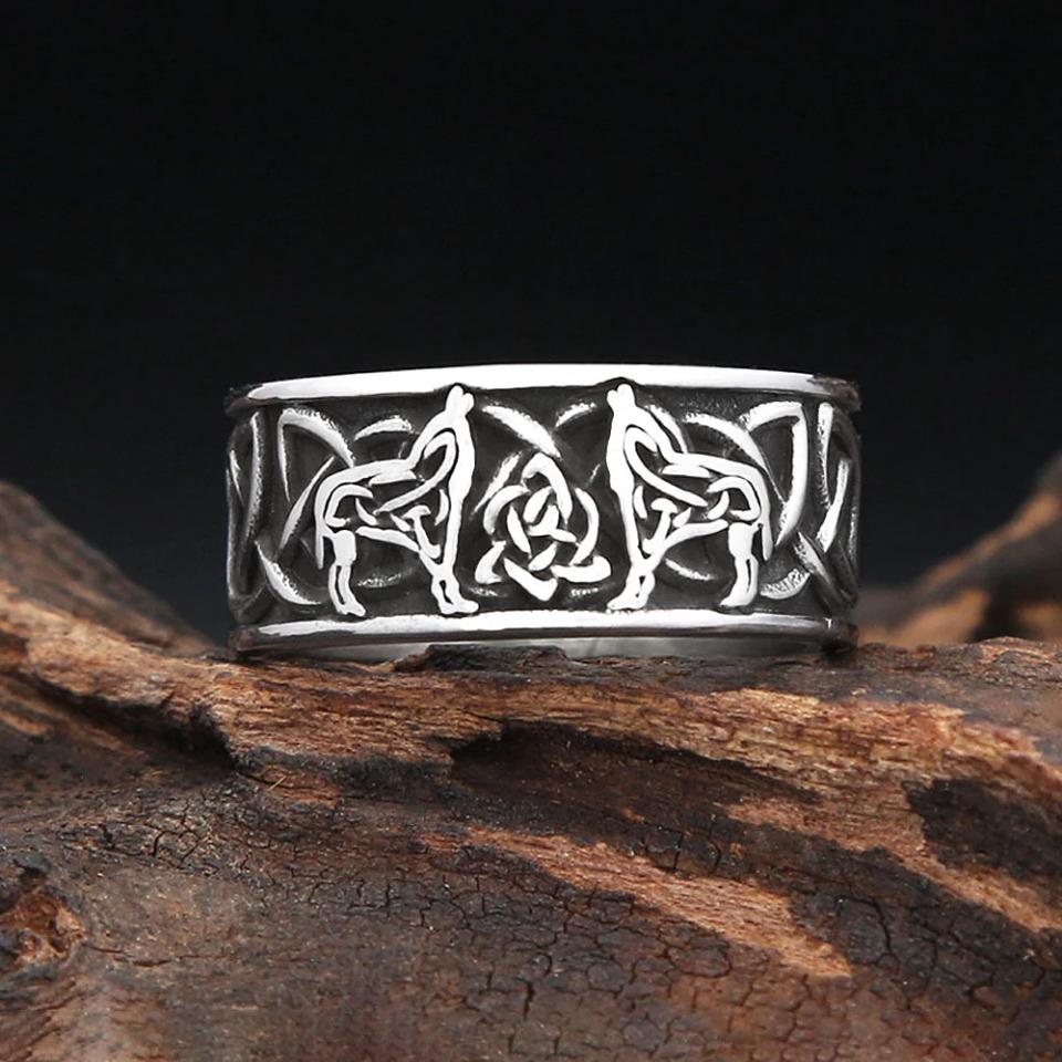 Vintage Simple Stainless Steel Nordic Double Wolf Rings For Men Women  Vikings Odin Animal Ring Amulet Jewelry
