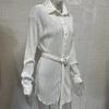 Spring and Autumn Women's Shirt Dress Fashion Elastic Waist Pleated Long Sleeve Tie Dress