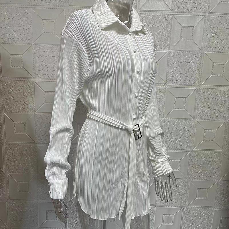 Spring and Autumn Women's Shirt Dress Fashion Elastic Waist Pleated Long Sleeve Tie Dress