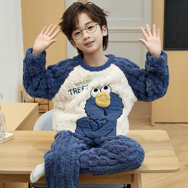 Kids Flannel Pajamas Set Boys Girls Warm Long Sleeve Top And Pants Sleepwear Winter Home Nightwear