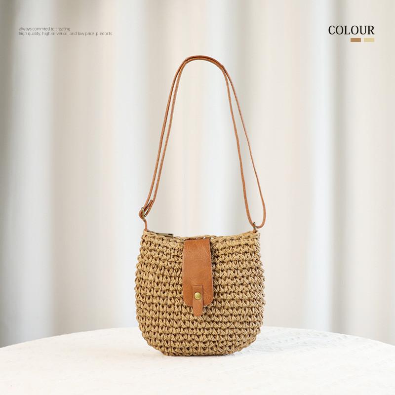 Simple Color Blocked Women Casual One Shoulder Grass Woven Bag For Daily Use And Beach Outings