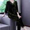 2pcs Pants Suits Autumn Retro Women's V Neck Plus-size Velvet Blouse High-waist Velvet Harem Pants Two-piece Set