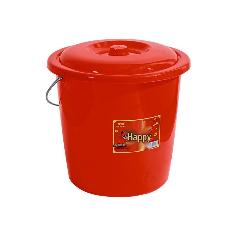 Red Round Hand-held Plastic Bucket with Lid for Moving, Weddings, and Auspicious Events