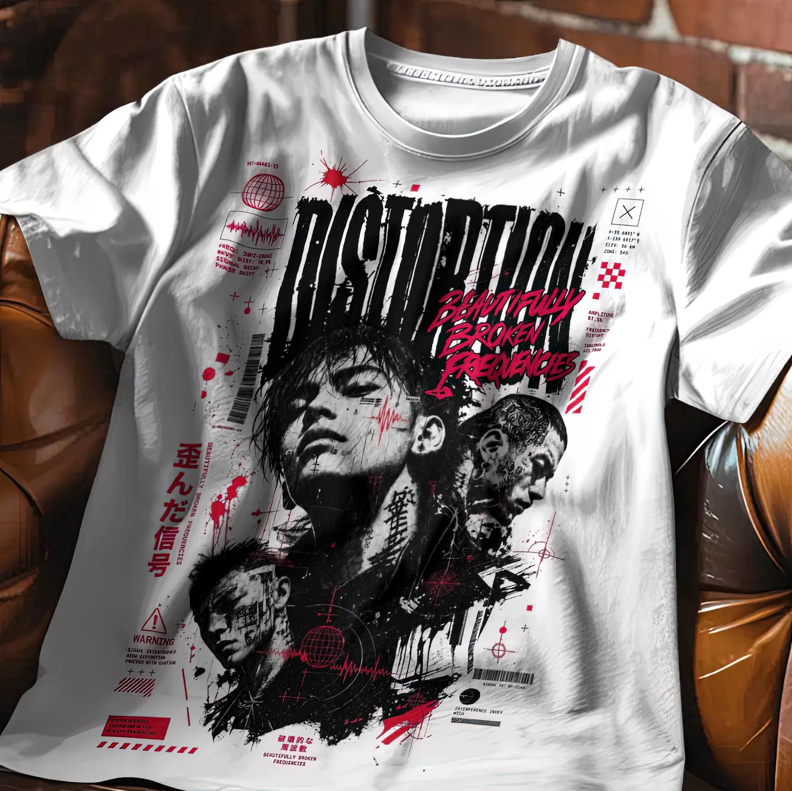 Alt Clothing Graphic Tee with Distressed Portrait and Red Abstract Art Accents 3XL