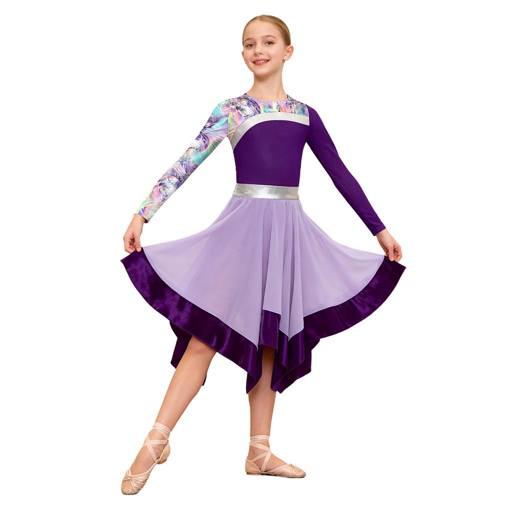 Girls Contemporary Worship Dance Dress: Long Sleeve with Invisible Zipper Back, Stylish Printed Patchwork & Color Block Irregular Hem
