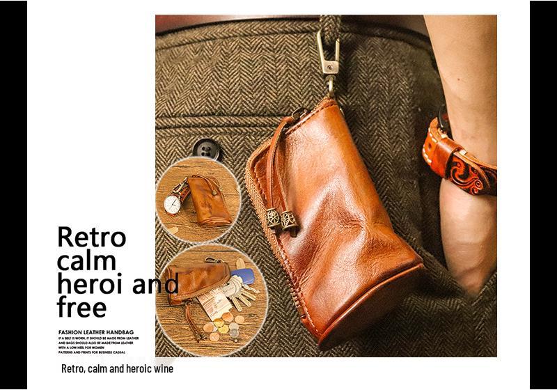 Men's Retro Genuine Leather Waist Key Holder: Large Capacity Cowhide Bucket Bag with Multifunctional Zipper Pouch.
