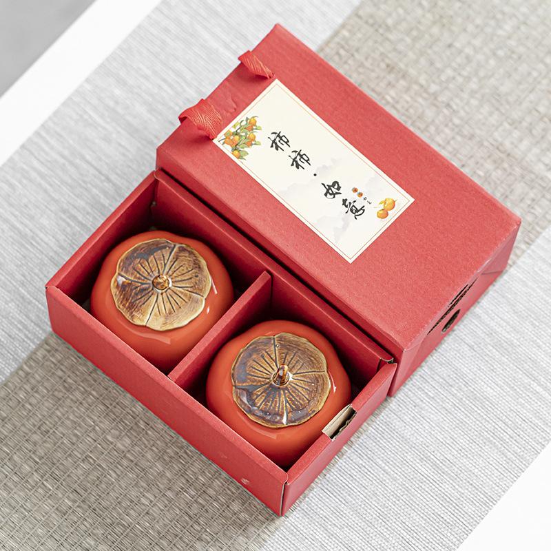 

Persimmon tea set gift box set, Dehua full set, complete set of gifts, souvenir, everything goes well, creative gift