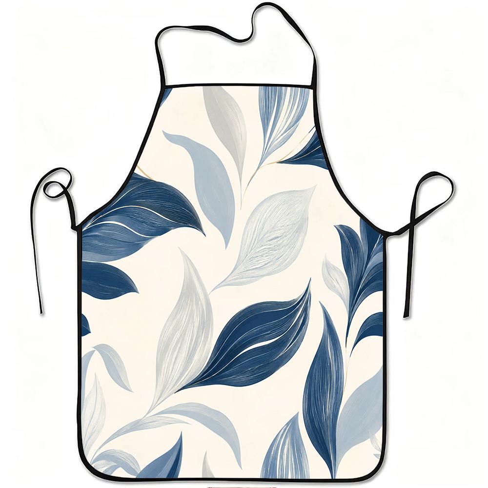1pc Blue Gray Leaf Print Apron Suitable for Cooking, Gardening & Outdoor Activities - Adjustable Waistband, Durable Easy-Clean Polyester Apron with Le