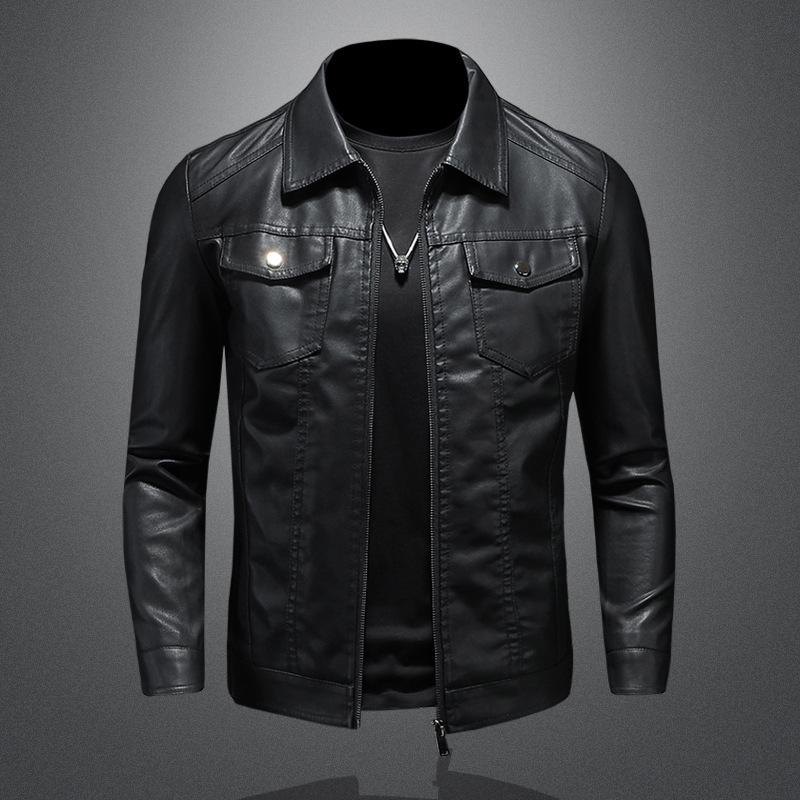 Men s Slim Fit PU Leather Motorcycle Jacket - 2026 Spring/Autumn Korean Style with Fleece Lining M