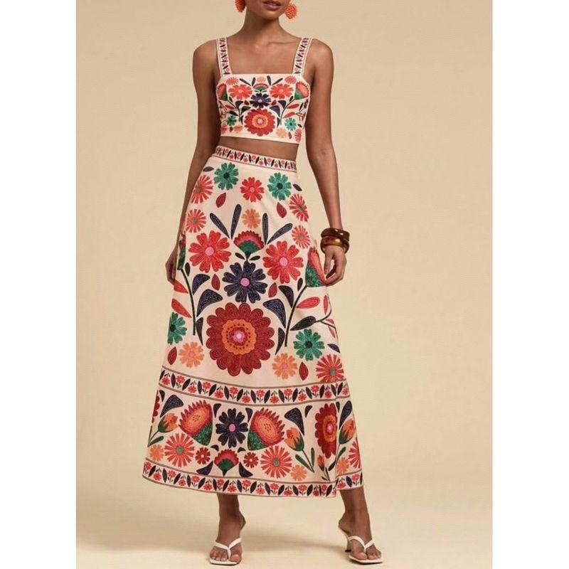 

European and American French style Hollow Print Sling Top Sleeveless Vest Half-Length Long dress Two-piece Set Summer Fashion Versitile Color M
