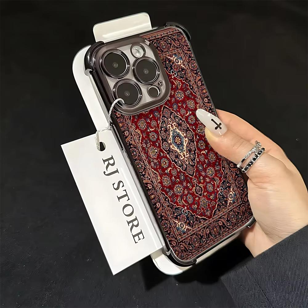 Persian Carpet Floral Pattern Plating Phone Case For iPhone 17 Air 16e 15 14 13 12 11 Pro Max Plus Mini SE Anti-Fall Airabag