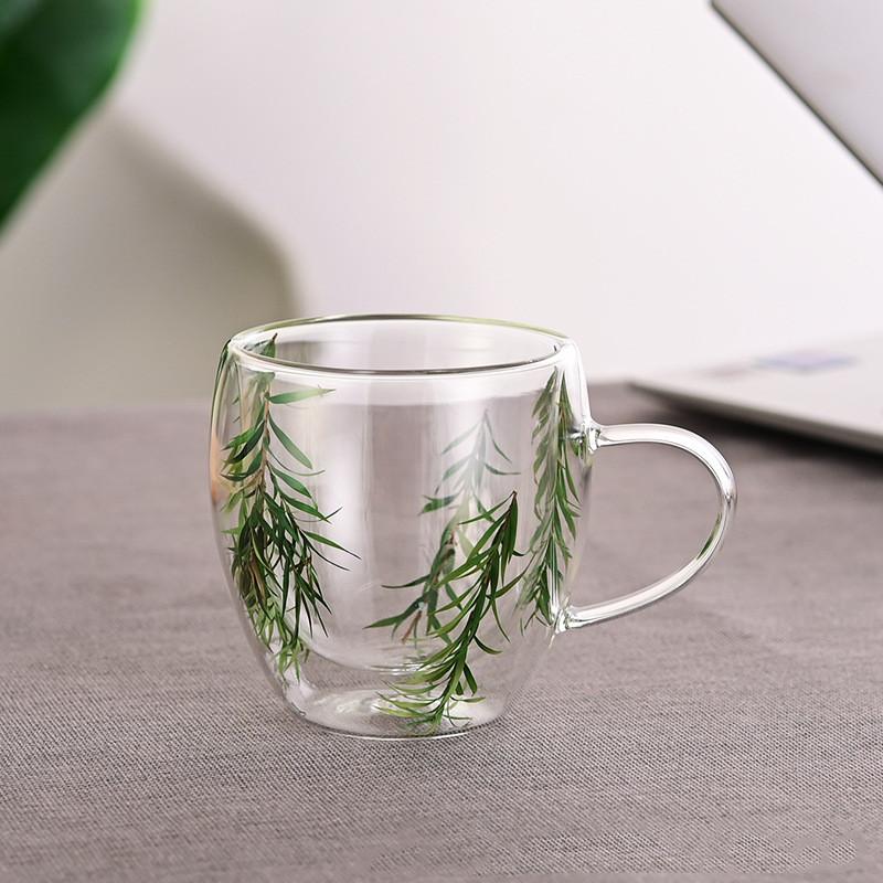 250ml Double Wall Coffee Mug Flower Filler Glass Cups Tea Coffee Cup With Handles Heat Resistant Mug Gift