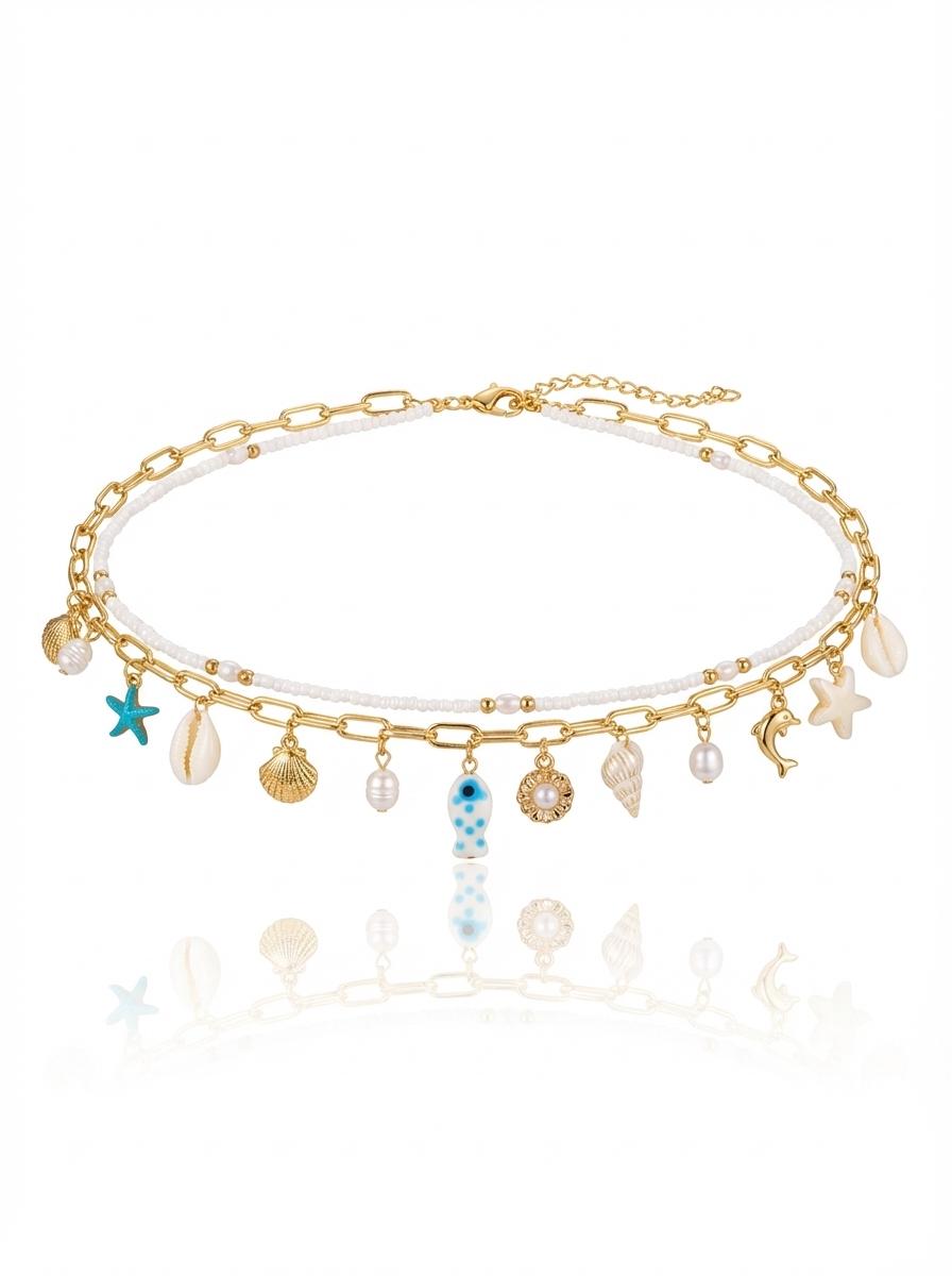 

Summer Beach Starfish Fish Shell Double Layer Waist Chain Ocean Theme Belly Chain Vacation Jewelry