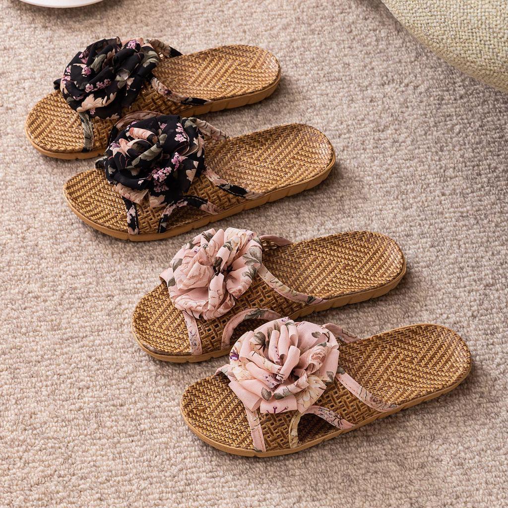 Summer Cool Rattan Mat Slippers - Bowknot Design, Non-Slip Indoor Bamboo Weave, Fish Mouth Style