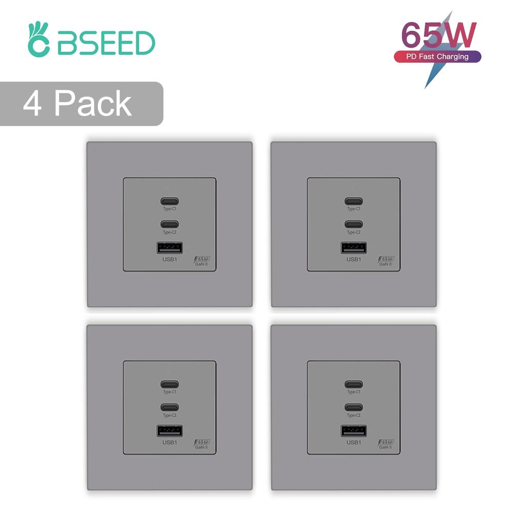 BSEED EU Wall Power Socket With Dual Type-c USB 65W Fast Ports For Phone Laptop Charging Matte Plastic Frame 1/2/3/4Pack