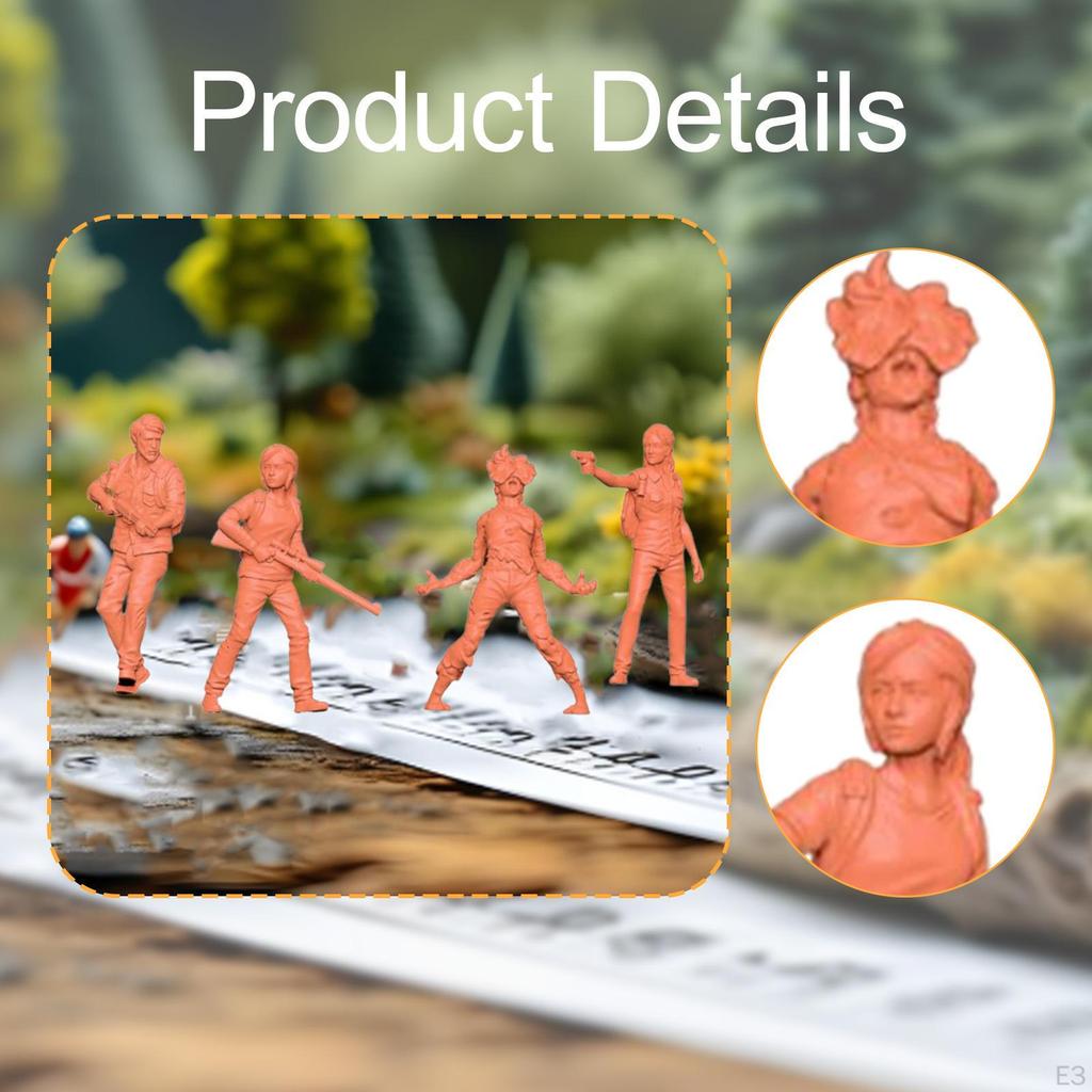 4 Miniature Figures, Mini Models, Realistic Scenes, Unpainted Tiny People Collection for Building