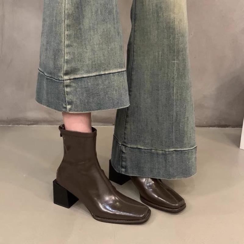 Fashion Platform Boots Women Square Heel Femmes Bottes Solid Fashion Slip On Elastic Ladies Shoes Short Plush Women's Ankle Boots Winter