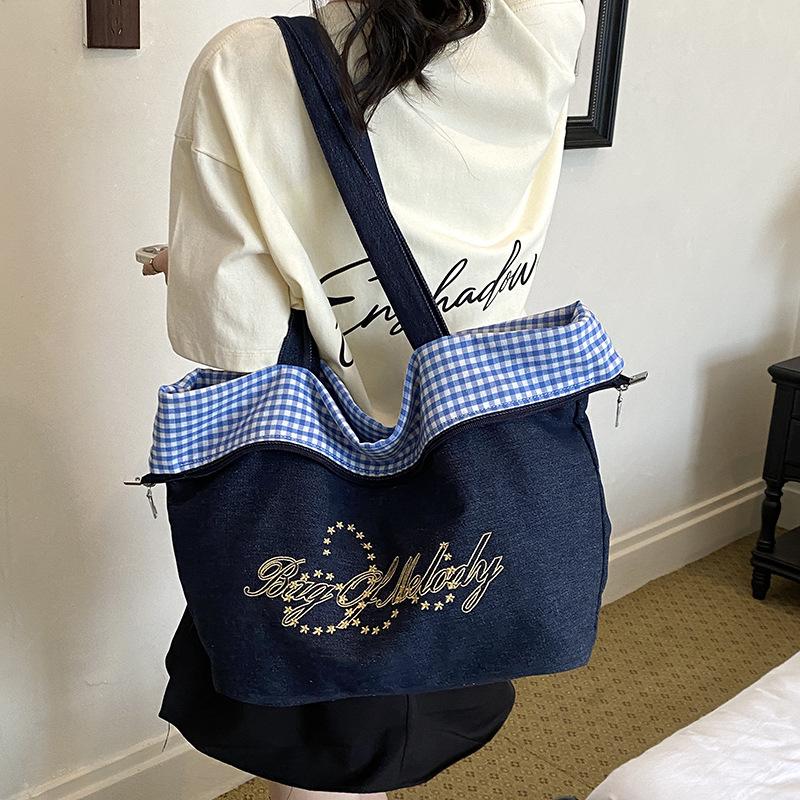 Women's Double-Sided Denim Bag Plaid Shoulder Tote Bag