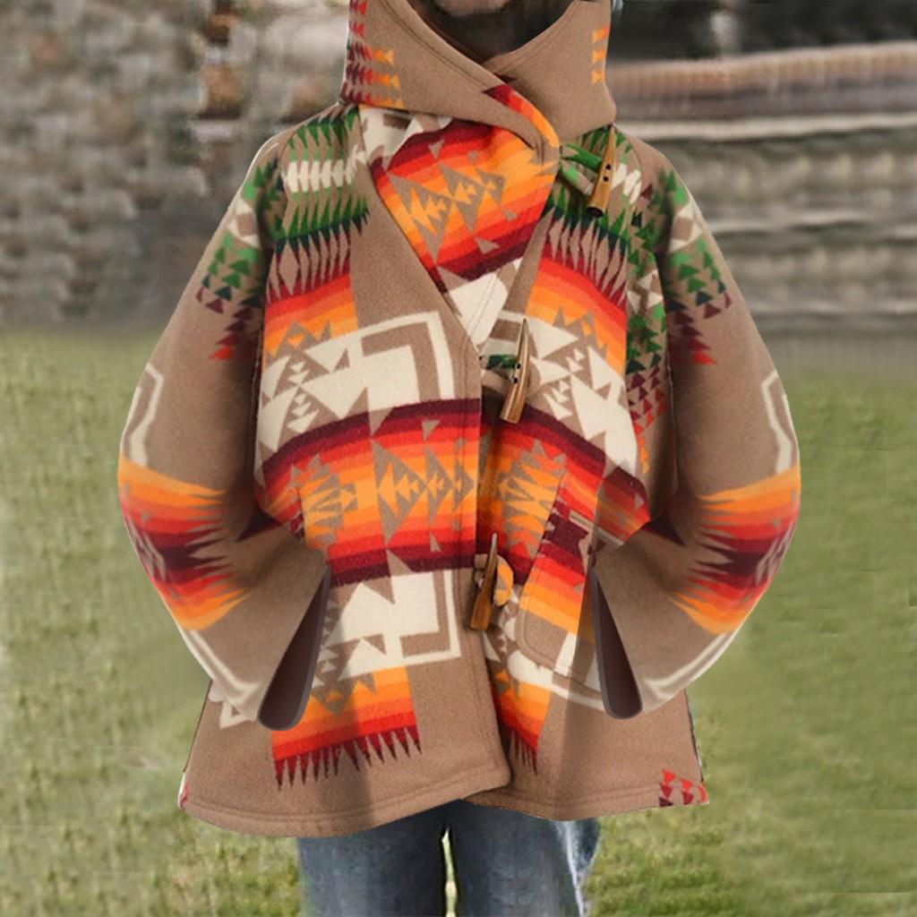 Womens Casual Retro Print Long Sleeve Hooded Jacket Pocket  Button Coats