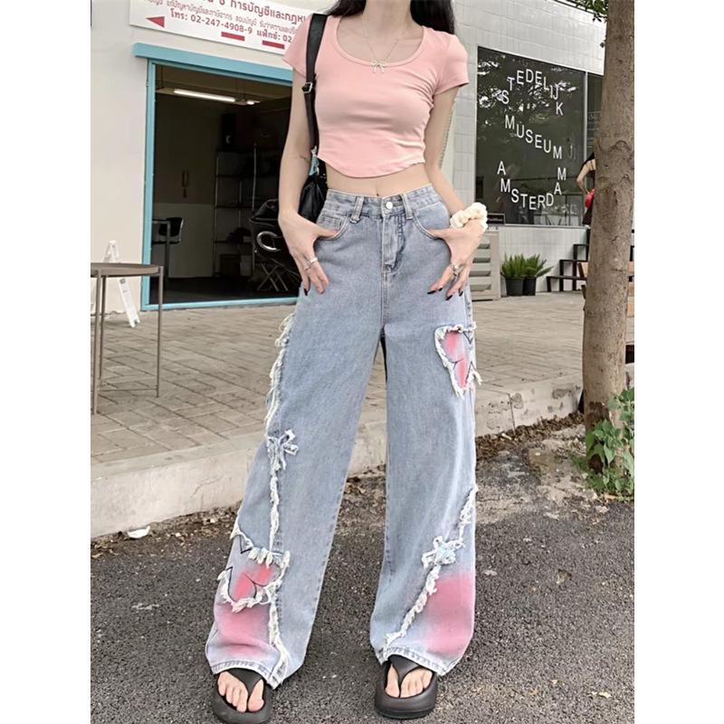 Women's Plus Size Frayed Retro Patchwork Butterfly Embroidery Washed Denim Wide-Leg Pants