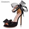 11cm Black Sexy Plus Size 35-45 Sandals Mesh Bow High Heels Peep Toe Elegant Party Shoes Thin High Wedding Prom Sandals Women