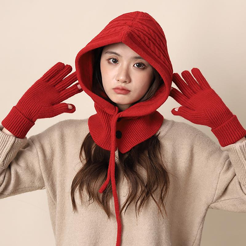 Vintage Red Balaclava Hat Women's Winter Warm Gloves Scarf Integrated Couple Ear Protectors Wool Knitted Hat