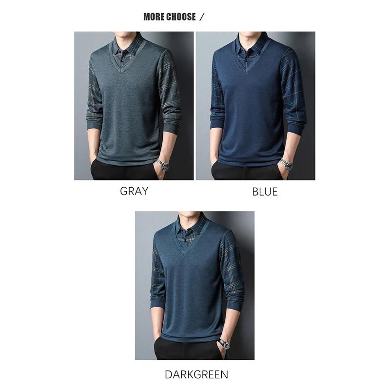 Beowon Brand Fashion T Shirts Men Spring And Autumn Long Sleeved T-Shirt Tops Business Casual Plaid Fake Two-Piece Men Clothing