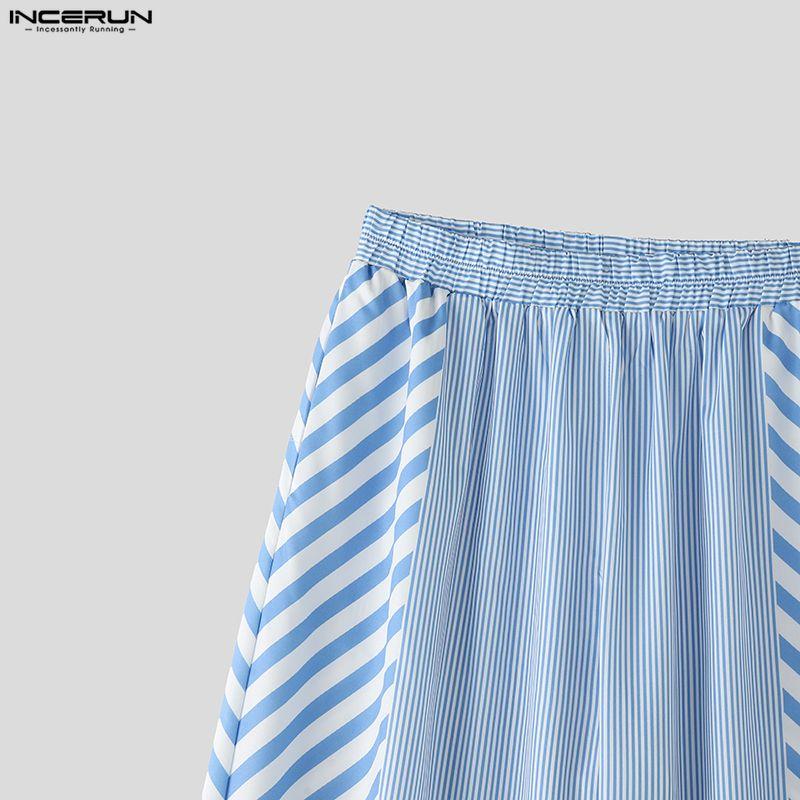 INCERUN 2 Stück Sommer Herren Kurzarm Gestreifte Nähte Hemden und Lange Hosen Übergroße Outfits Sets