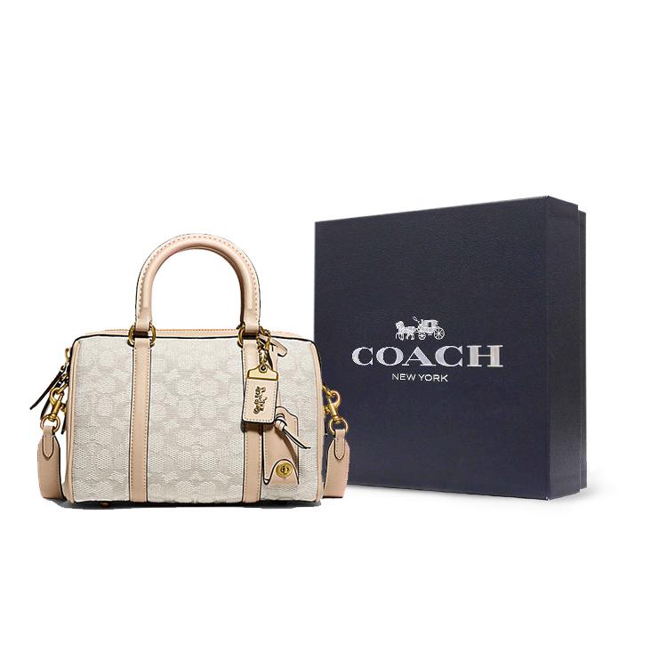 New COACH Jacquard Fabric With Cow Leather Handbag Boston, Shoulder Bag, Crossbody Bag Medium Size Women's Pink CA117-B4UDK