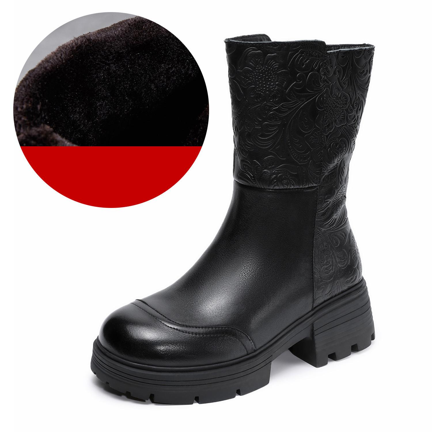 

Johnature Plush Warm Genuine Leather Mid-calf Boots Retro Embossed Thick Heel Women s Boots 40 чорний