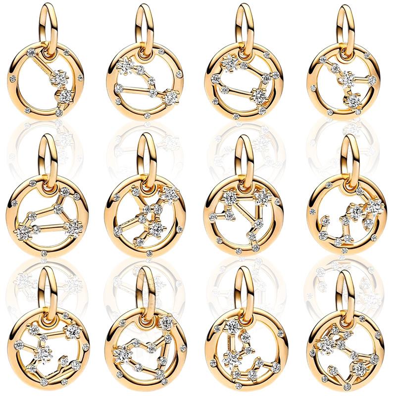Sparking Gold Plated 12 Zodiac Signs Charm Beads Dangle Fit Original Copper Bracelet Necklace Beads For Diy Jewelry Women Gift