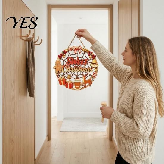 Poplar Wood Decor Christmas Door Sign, Double Sided Hanging Wooden Plaque for Front Door, Winter Holiday Party Supplies Rustic Wall Decoration Indoor