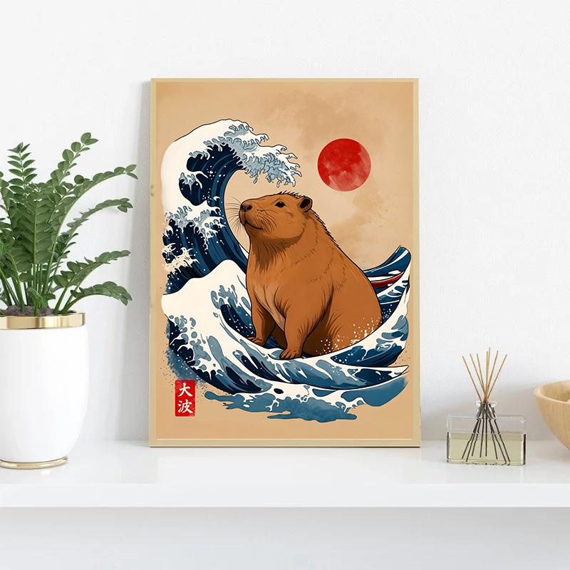 Japanese Great Wave of Animal Capybara Lion Shiba Inu Tiger Vintage Poster Canvas Printing Wall Art Picture for Room Home