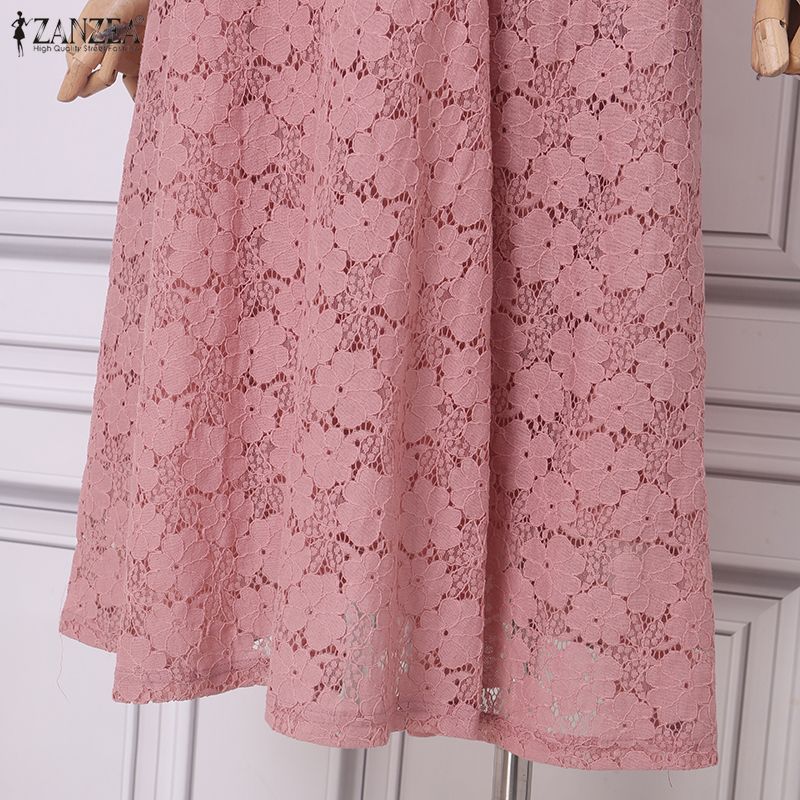 ZANZEA Rochie de vară casual pentru femei, cu gât rotund, patchwork din dantelă, cu mânecă scurtă