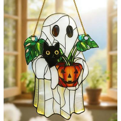 2D Flat White Halloween Acrylic Black Cat & Pumpkin Decoration Sign, Home Decor Plaque Hanging Wall Art Decorative Garden Decoration for Room Door Sig