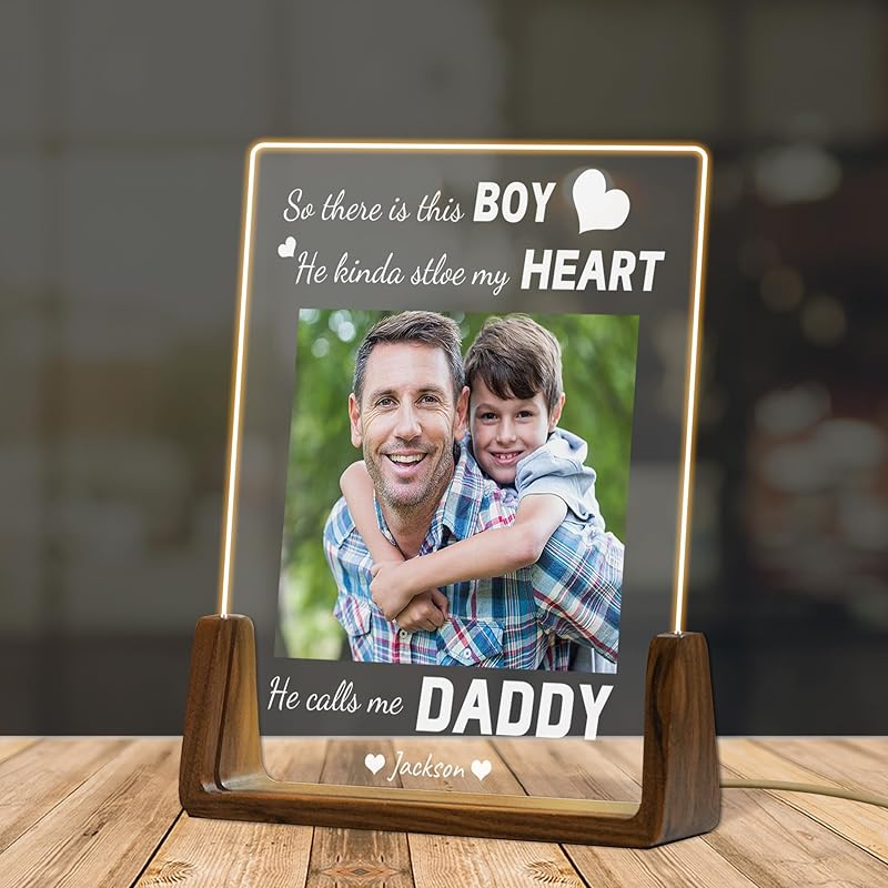 Custom Father's Day Gift for Dad, Photo Acrylic Plaque Personalized Night Light, Walnut Photo Frame with Night Light, Unique Romantic Birthday