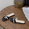 Small gold buckle crocodile pattern one-word slippers New French open-toed flat-bottomed sandals soft-bottomed beach half slippers