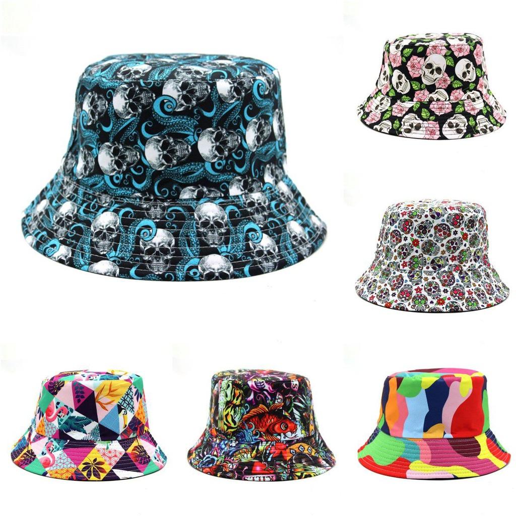 Bucket Skull Print Hat Colorful Fisherman Hat Outdoor Sports Sunshade Adult Hat