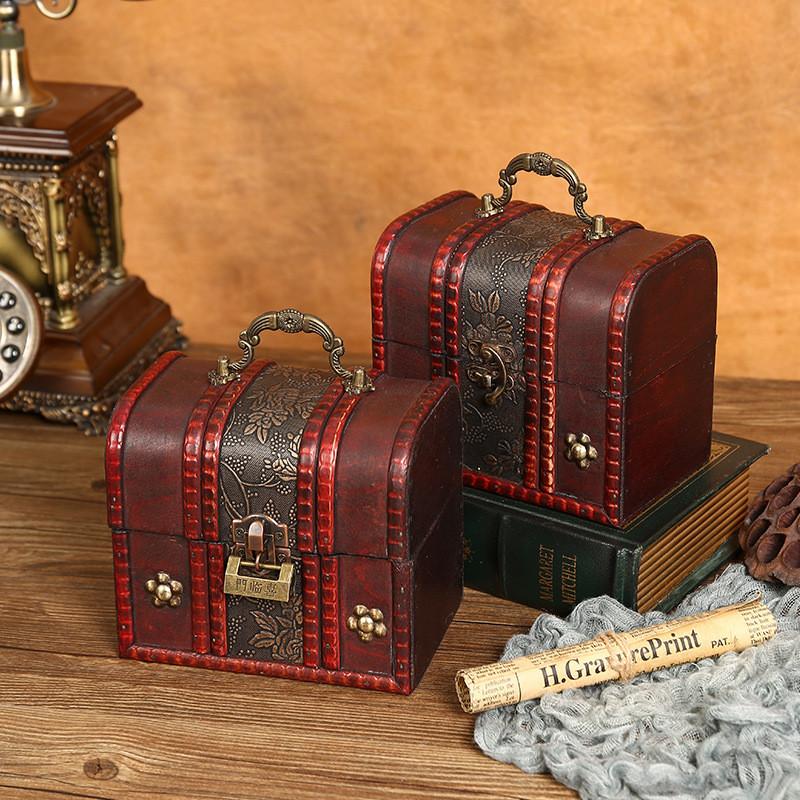Wooden Box Jewelry With Lock For Dustproof Storage And Home Vintage Decoration