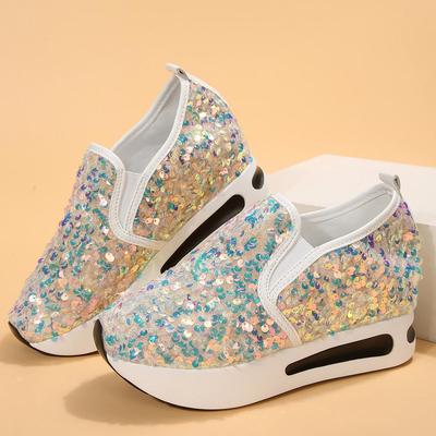 Spring and Summer Women's Glitter Sequins Fashion Versatile Inner Height Increase Casual Flat Shoes