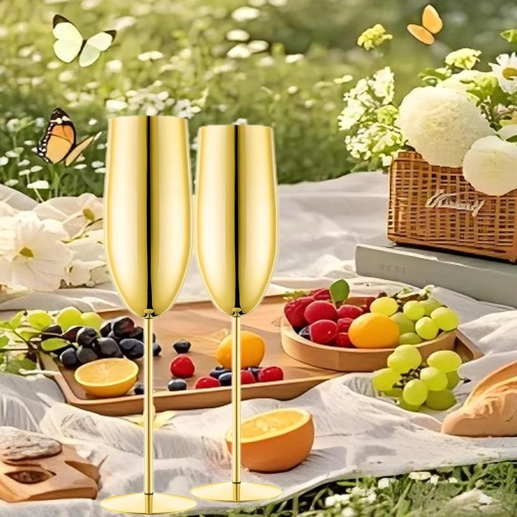 Stainless Steel Champagne Flutes Set of 2, Gold Unbreakable 8.5 oz for Wedding, Party, Christmas, Anniversary, Birthday Gifts