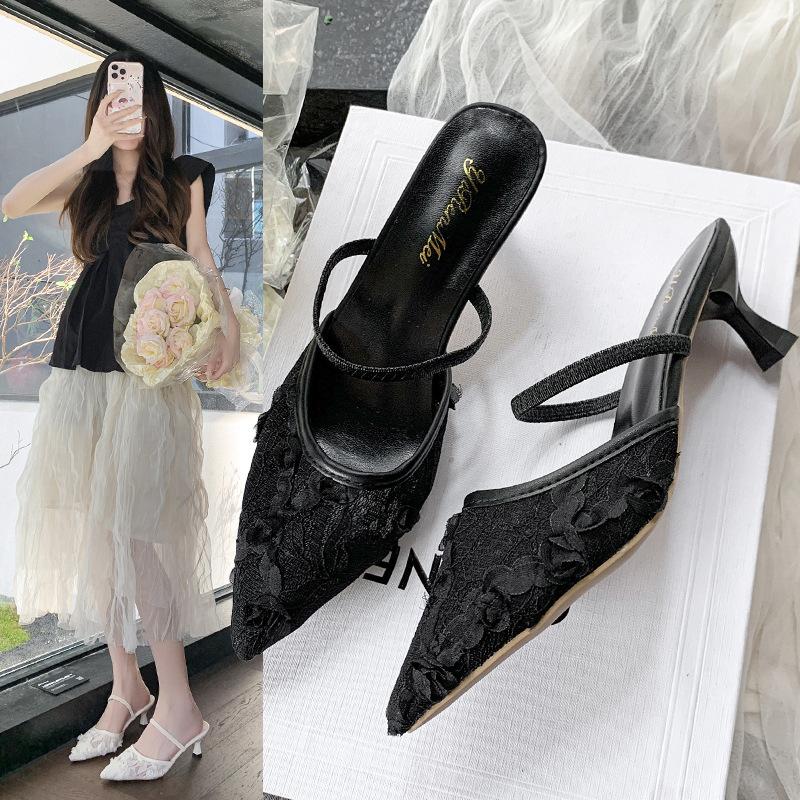 High heels women's spring and summer new bag head half drag temperament pointed lace mesh stiletto slippers women