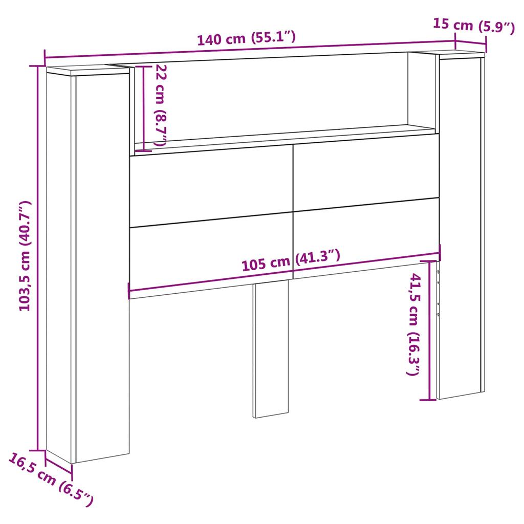 Headboard Cabinet with LED and Shelf White 140 x 16.5 x 103.5 cm