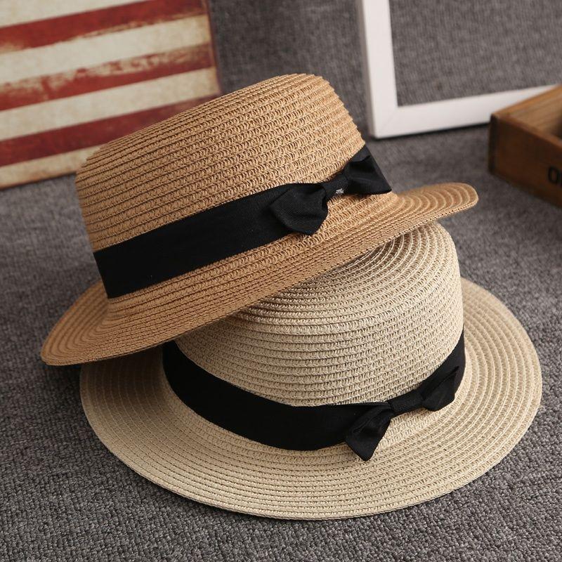 Korean Summer Flat Brim Unisex Top Hat Bowknot Straw Hat Sun Shade Sunscreen Beach Vacation Travel Hat